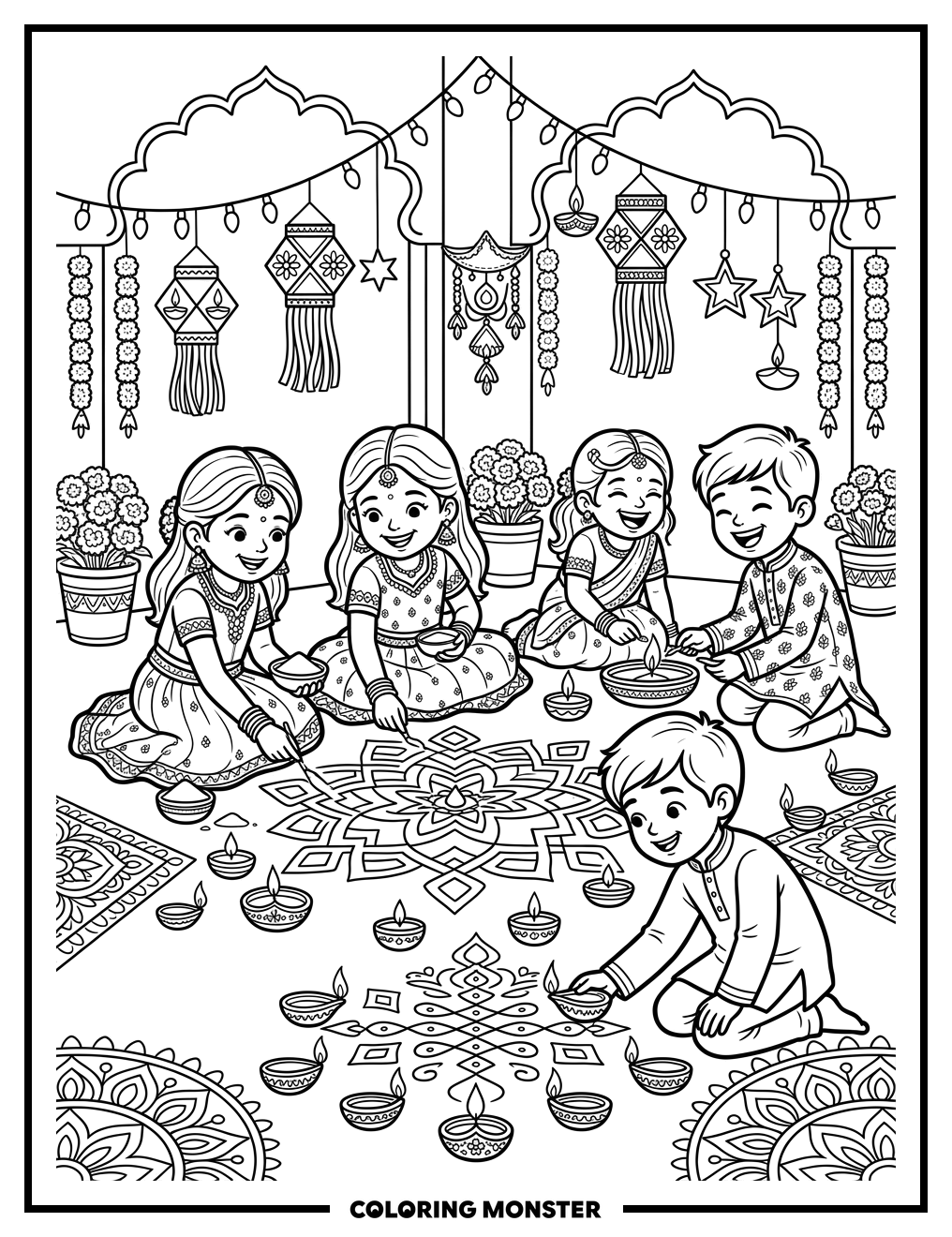 Children Lighting Diyas and Drawing Rangoli Coloring Page