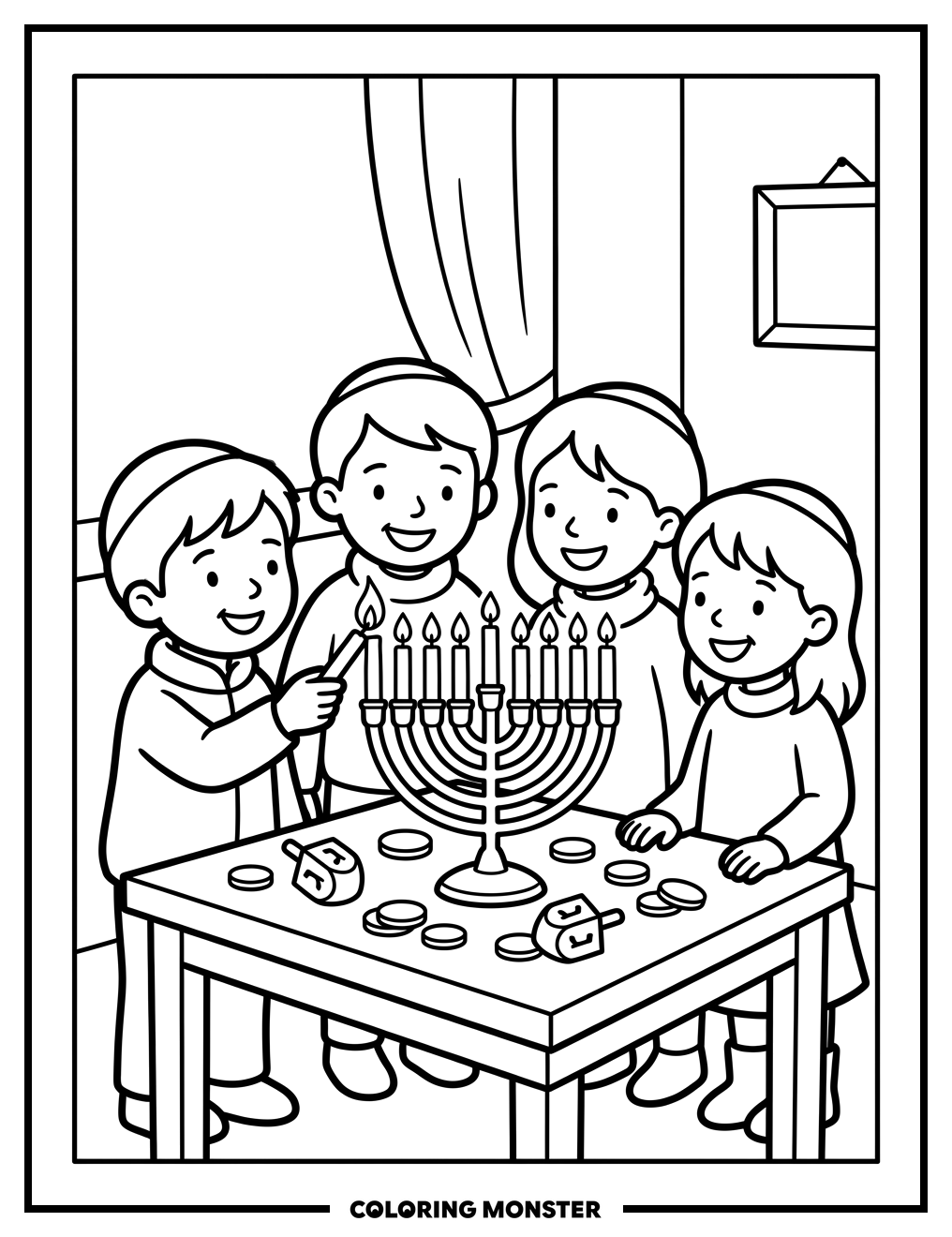 Children Lighting the Menorah Coloring Page