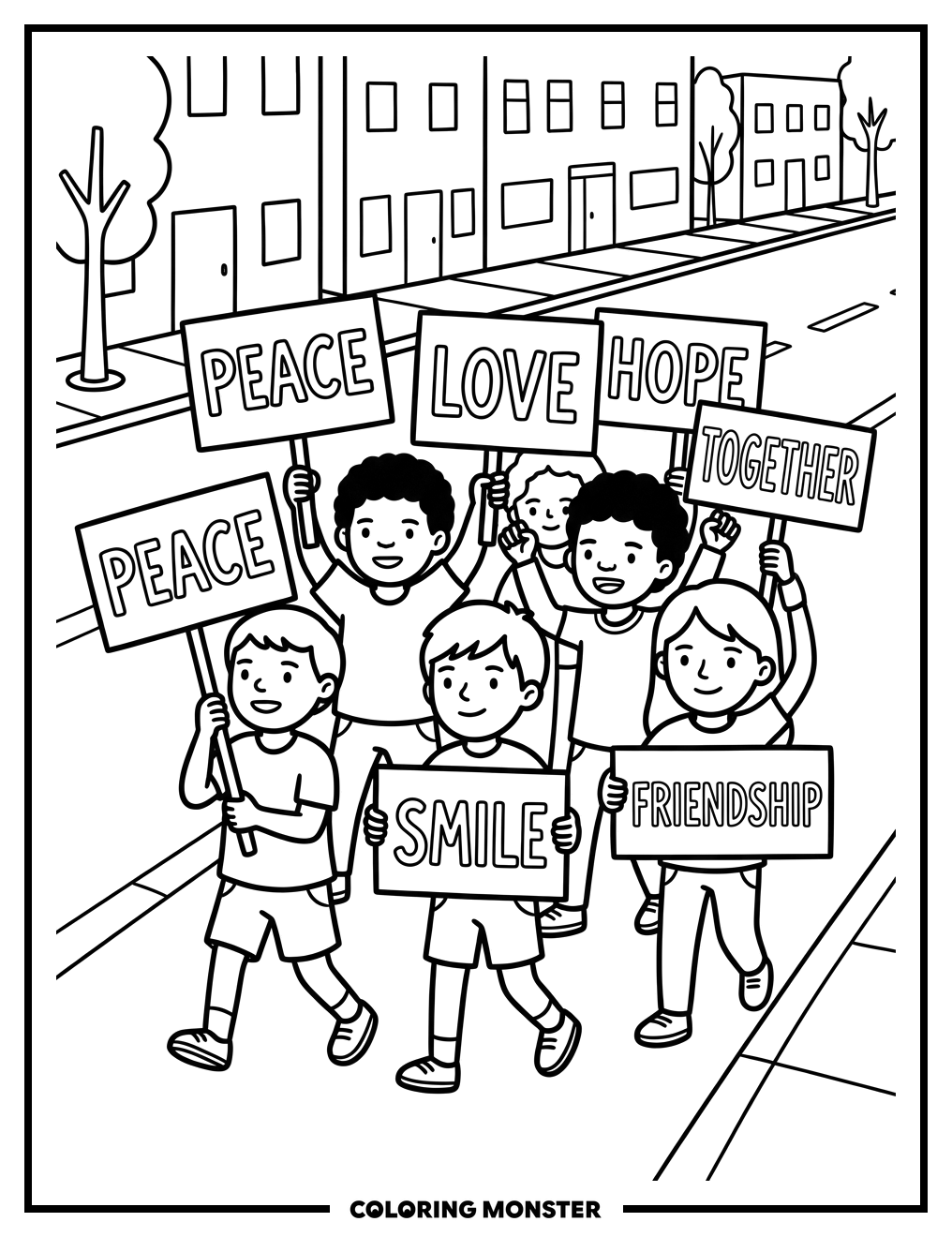 Children March for Peace and Love Coloring Page