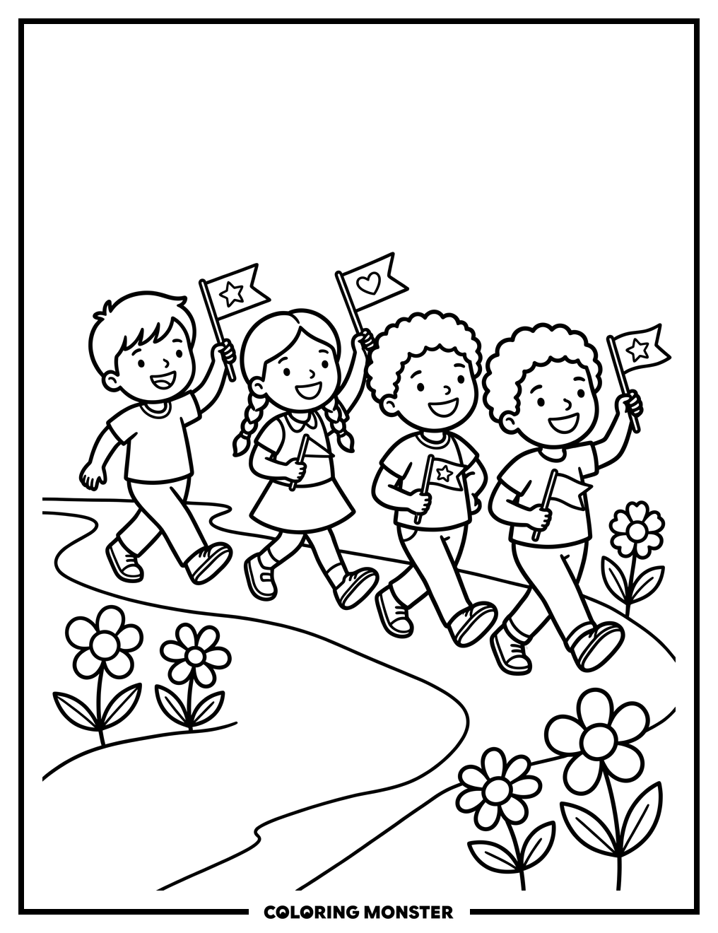 Children Marching In A Parade Coloring Page