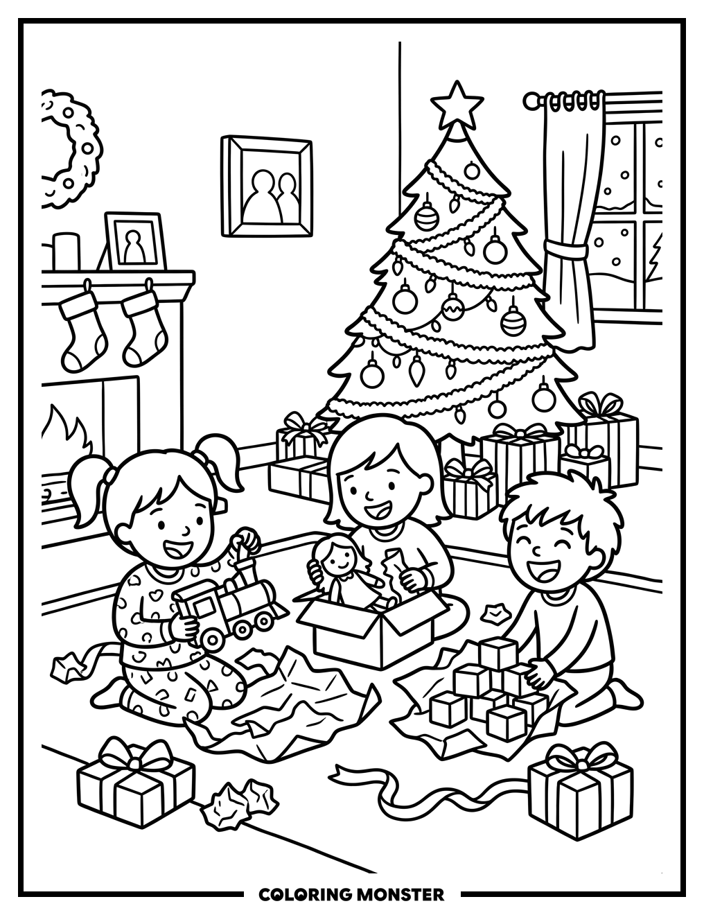 Children Opening Christmas Presents Coloring Page