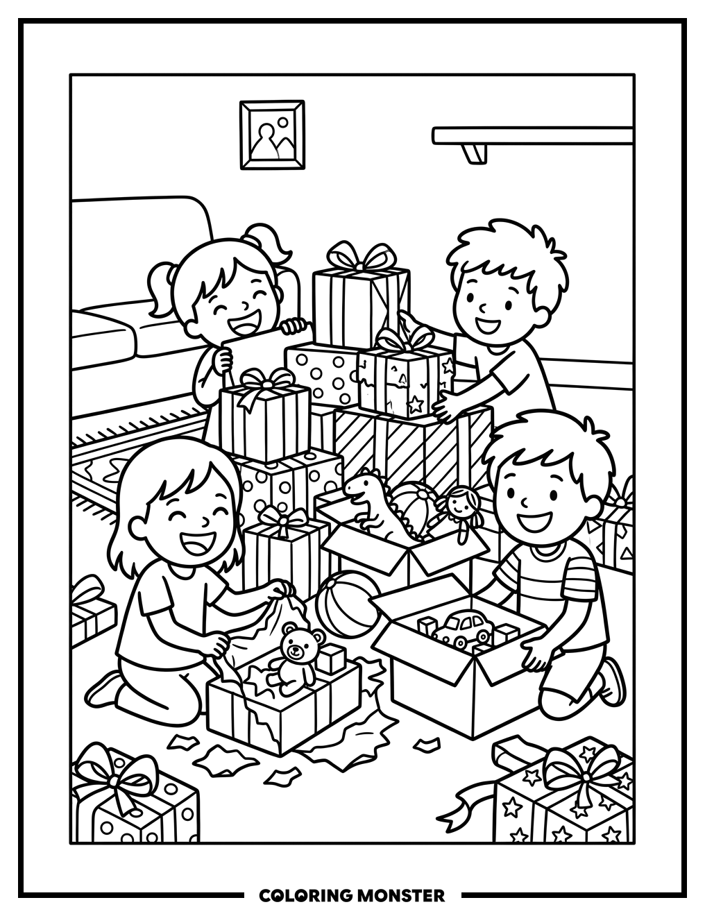 Children Opening Gifts Coloring Page