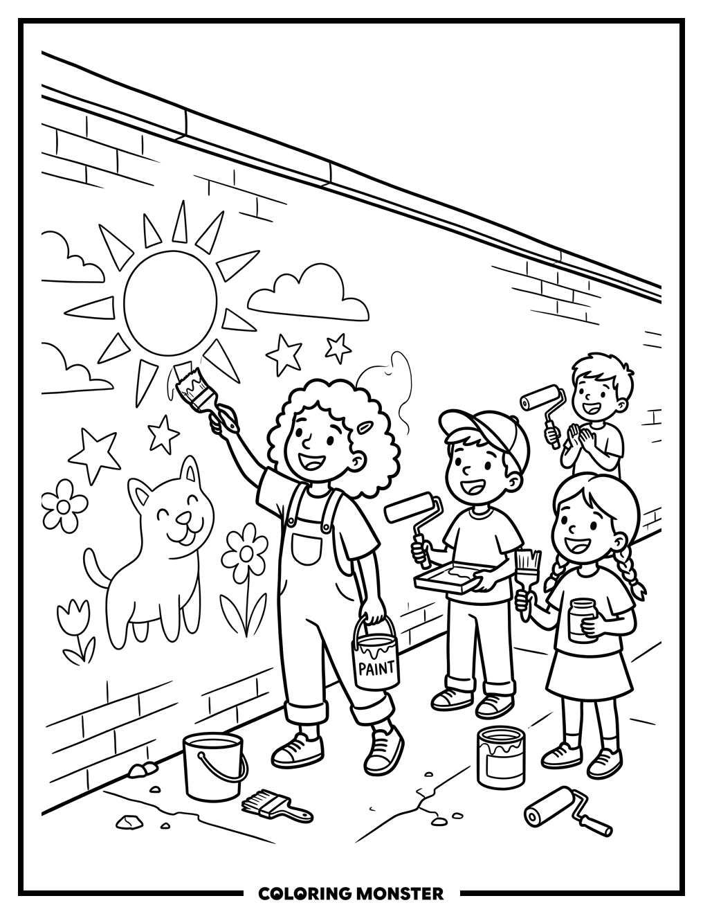 Children Painting a Mural Coloring Page