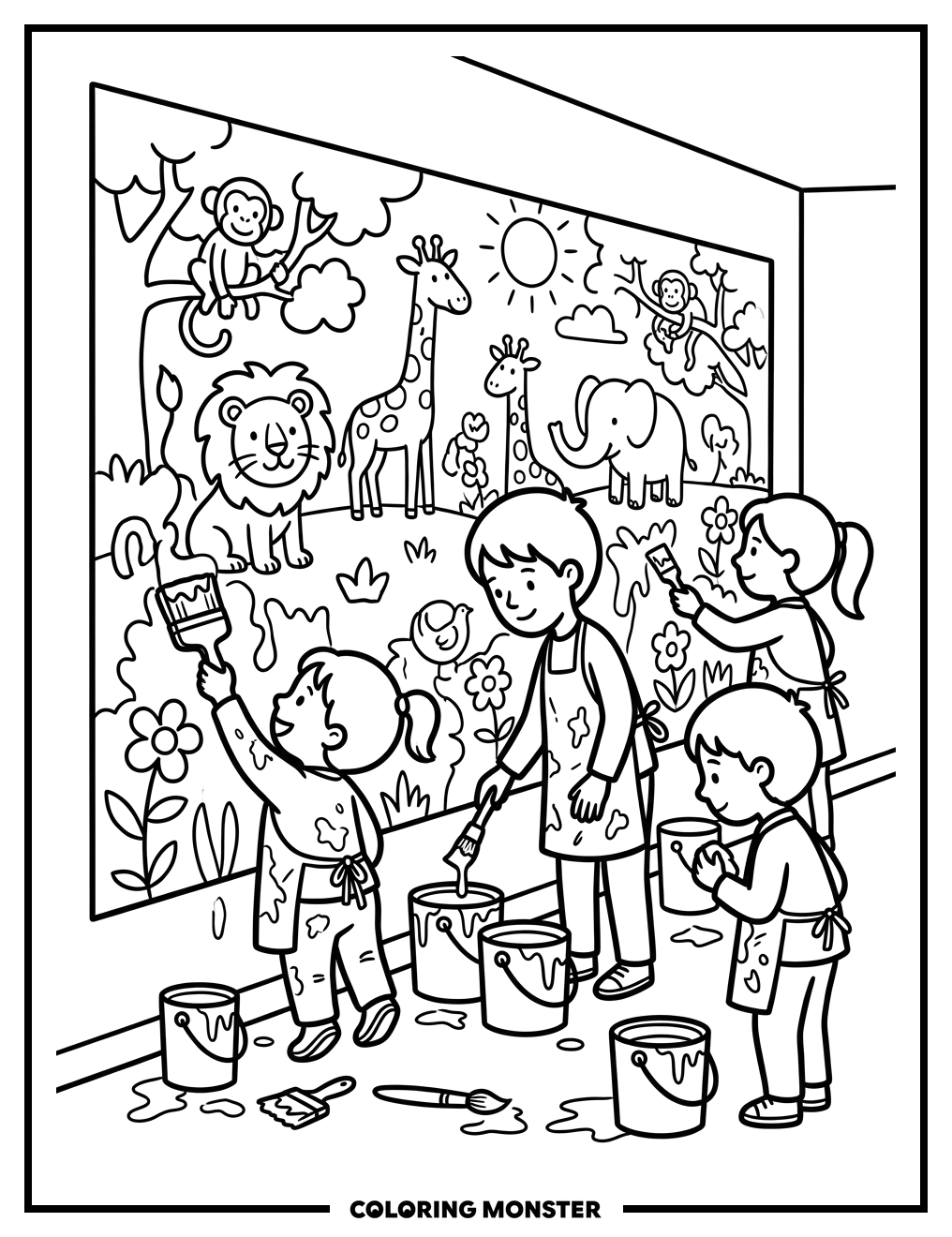 Children Painting a Nature Mural Coloring Page