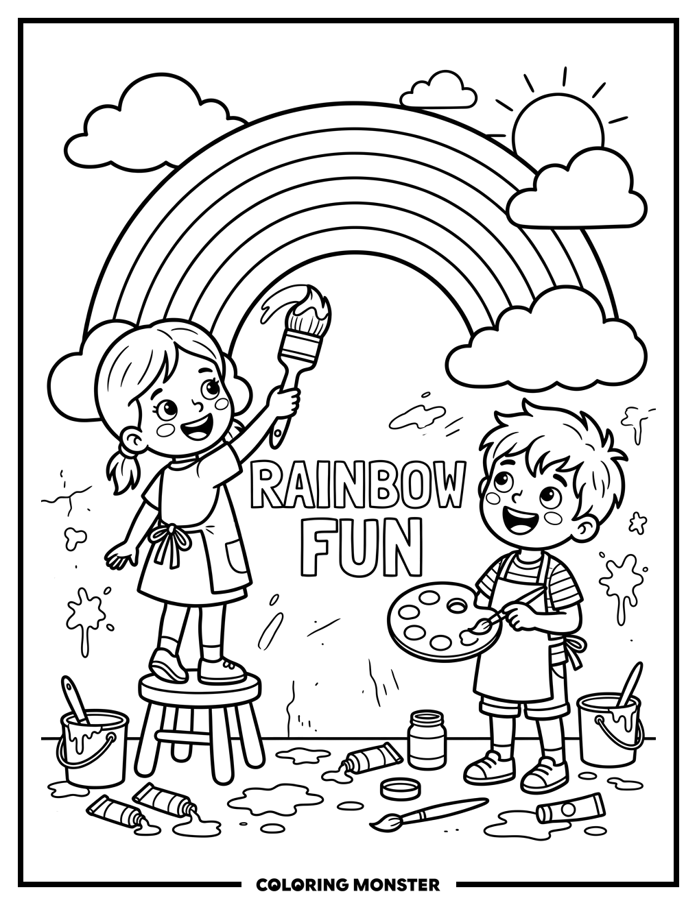 Children Painting A Rainbow Mural Coloring Page
