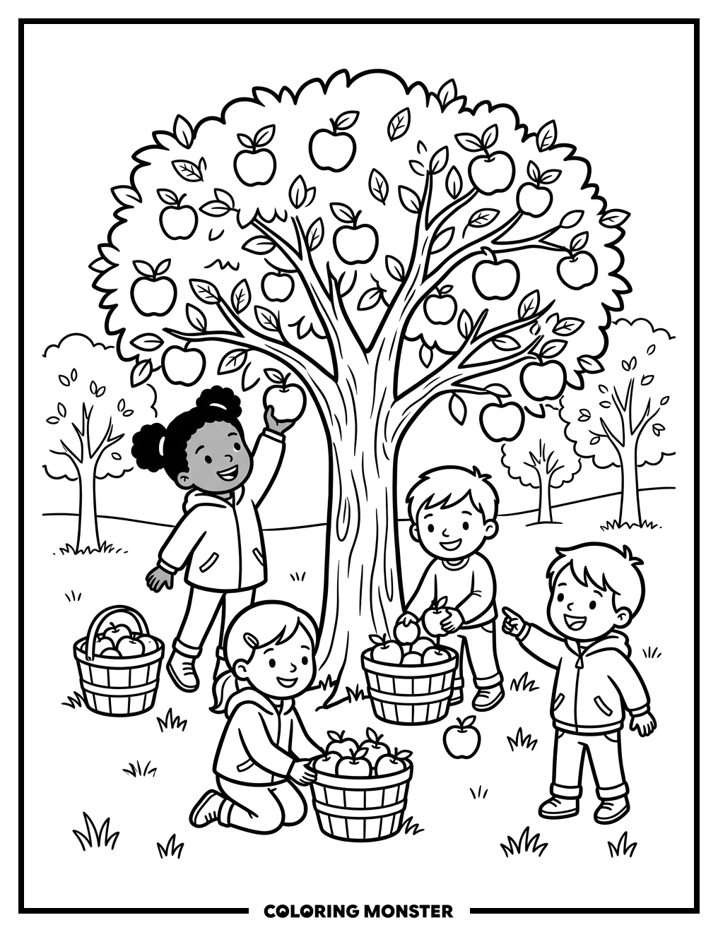 Children Picking Apples in Autumn Orchard Coloring Page