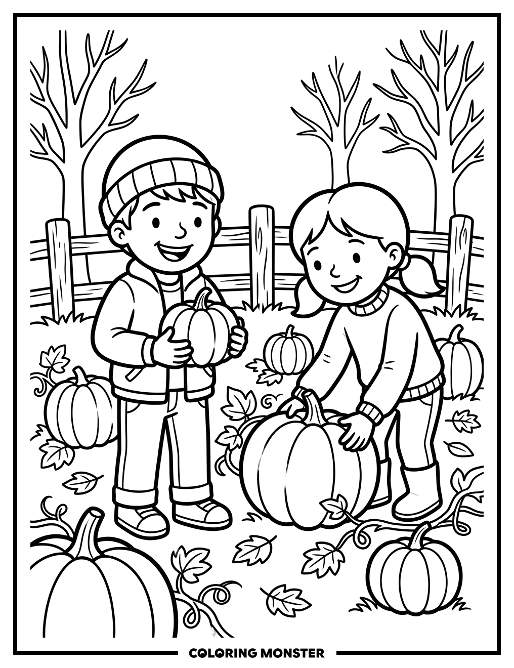 Children Picking Pumpkins In A Patch Coloring Page