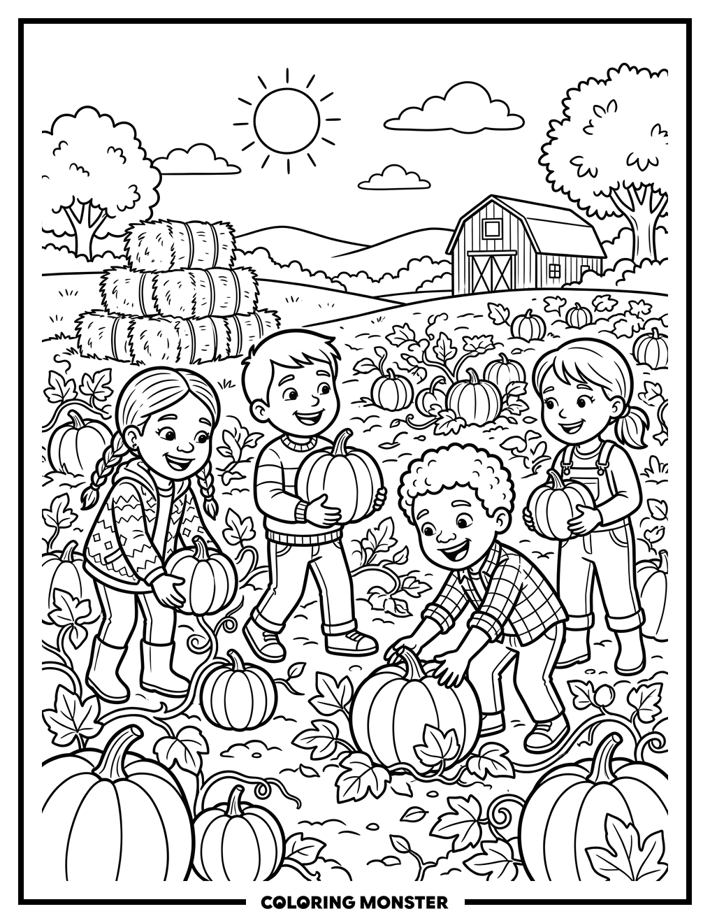 Children Picking Pumpkins In Patch Coloring Page