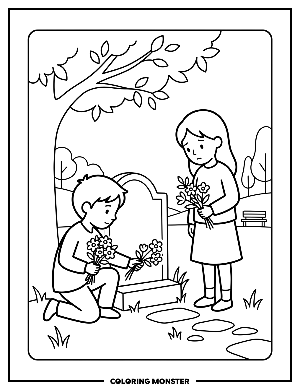 Children Place Flowers at Memorial Coloring Page