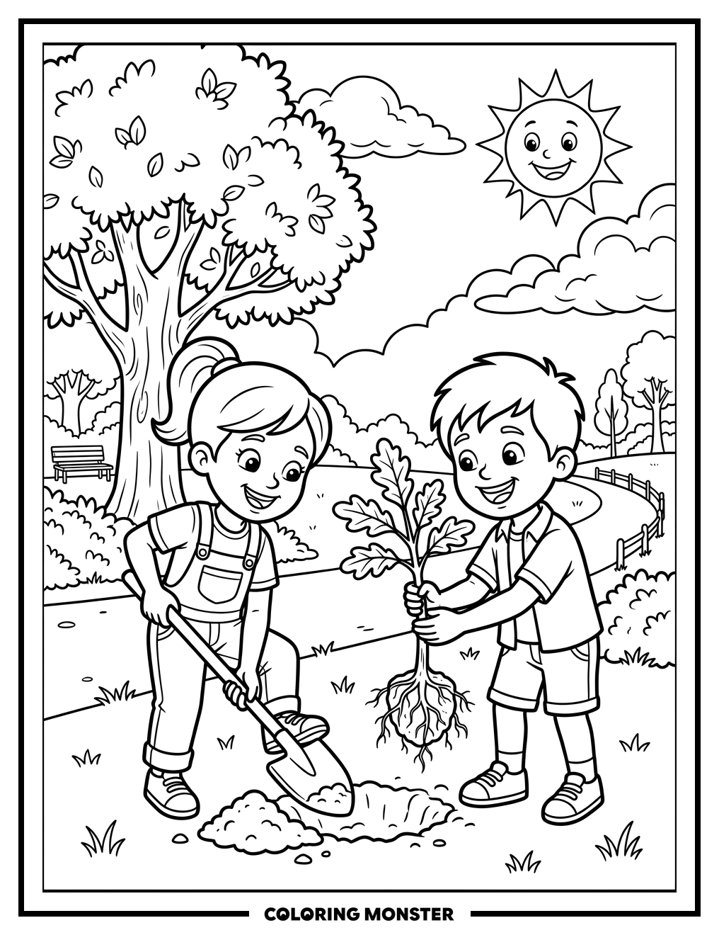 Children Planting a Tree Coloring Page