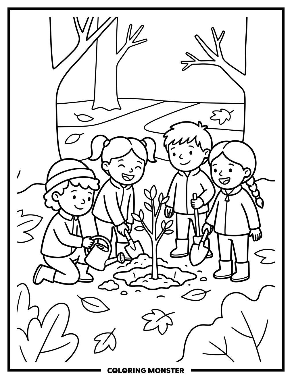Children Planting a Tree Together Coloring Page