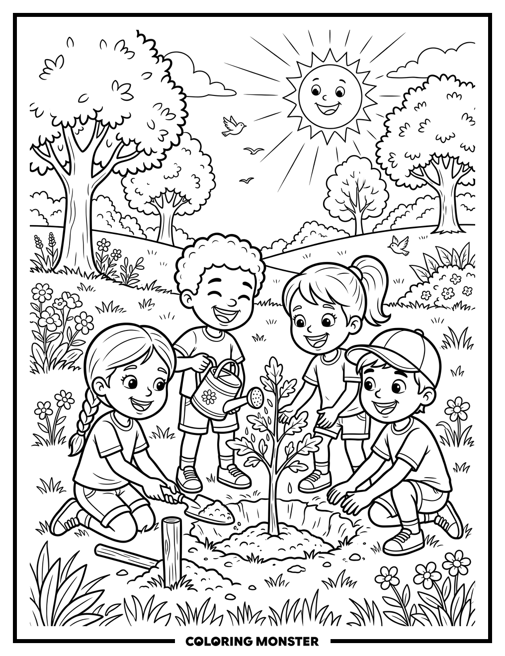 Children Planting a Tree Together Coloring Page