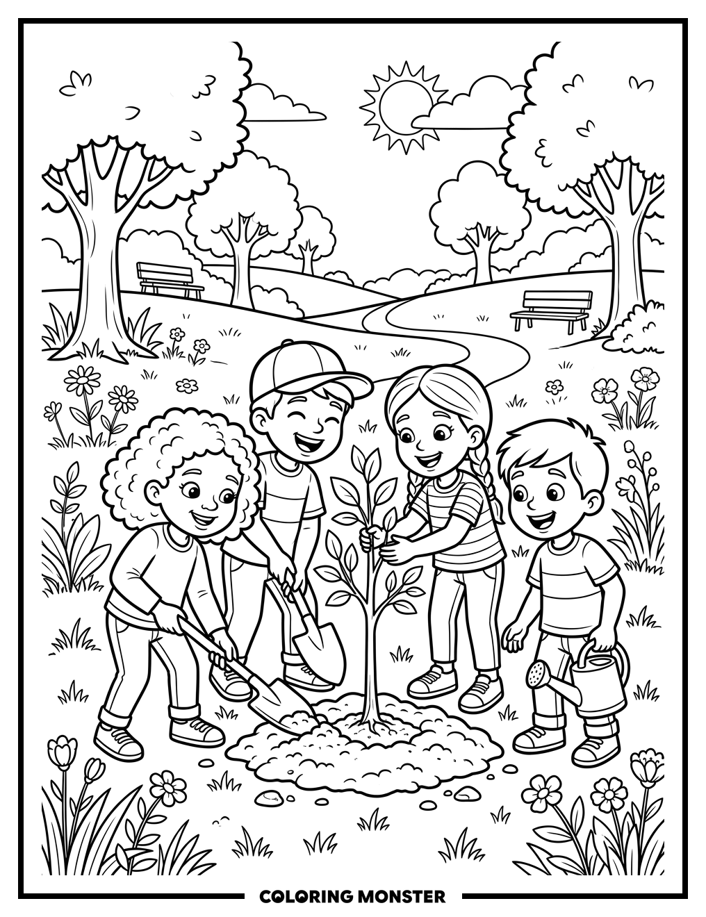 Children Planting a Tree Together Coloring Page