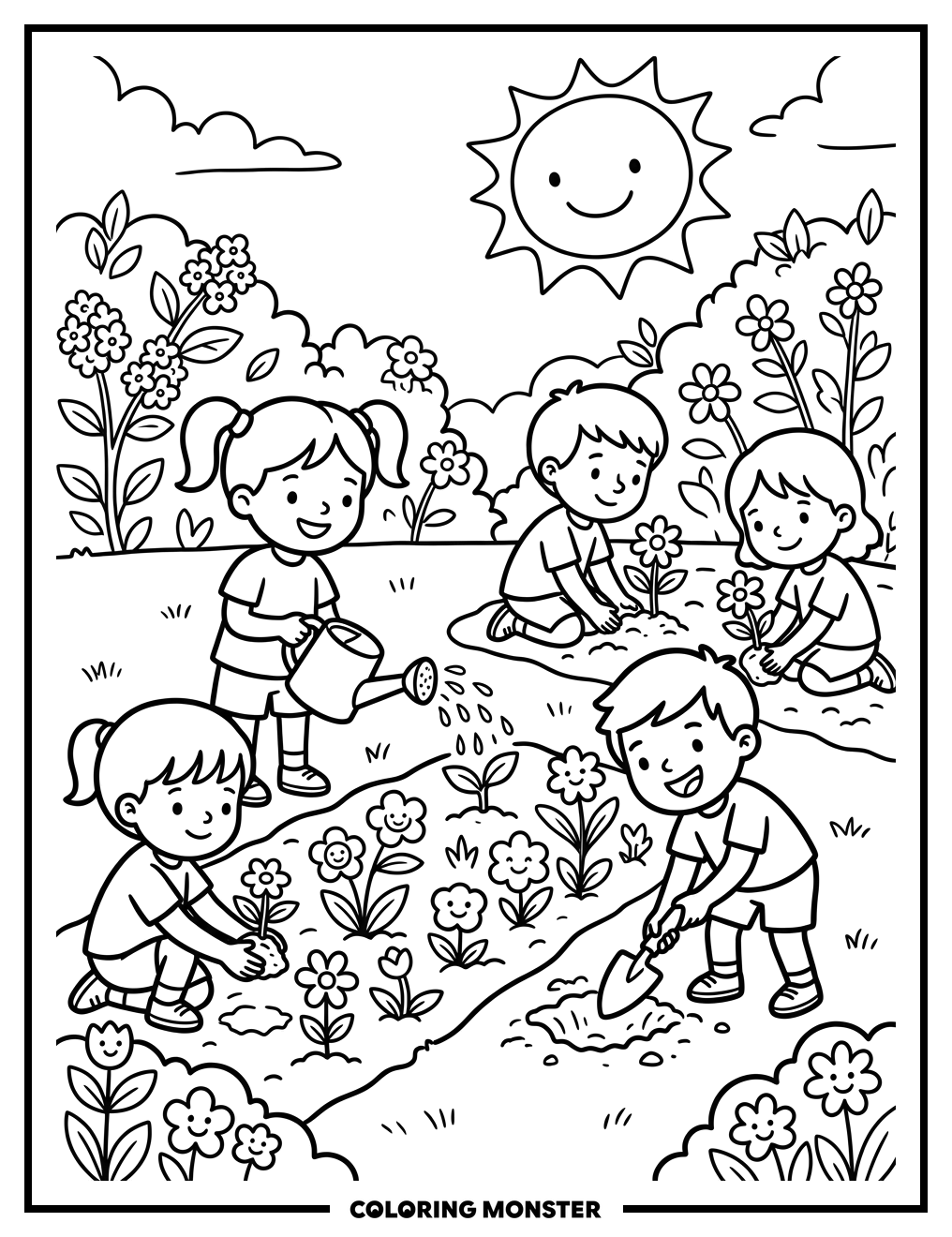 Children Planting Flowers in a Garden Coloring Page