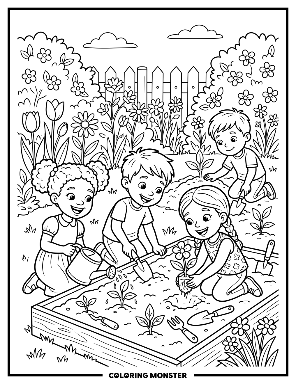 Children Planting Flowers In A Garden Coloring Page