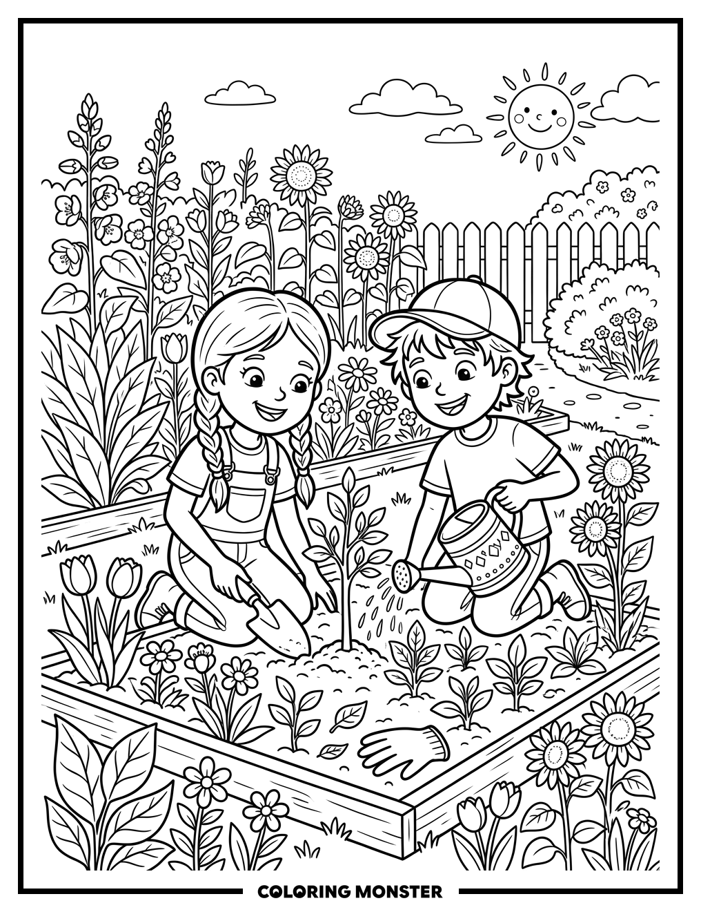 Children Planting Flowers in Garden Coloring Page