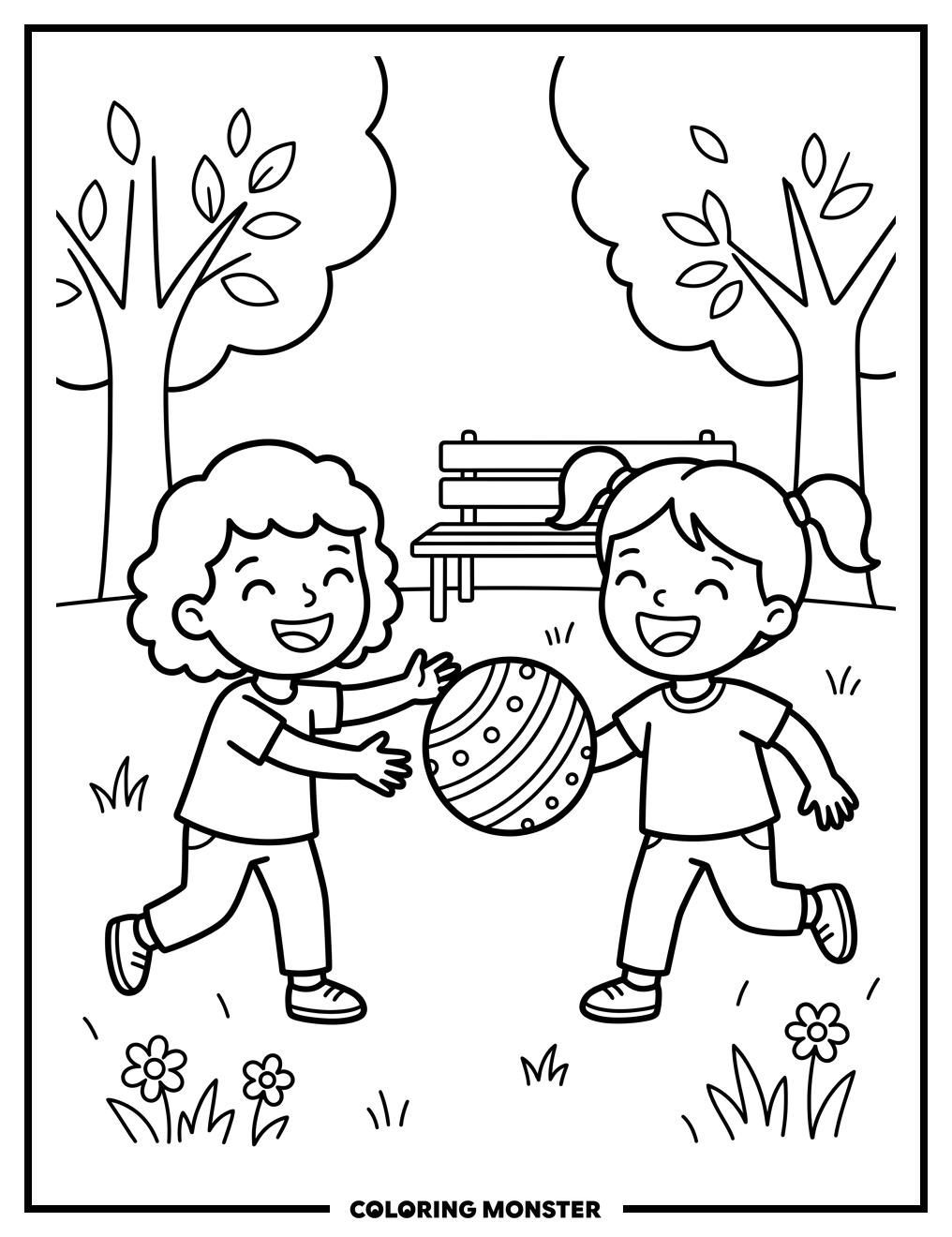 Children Play Ball In Park Coloring Page