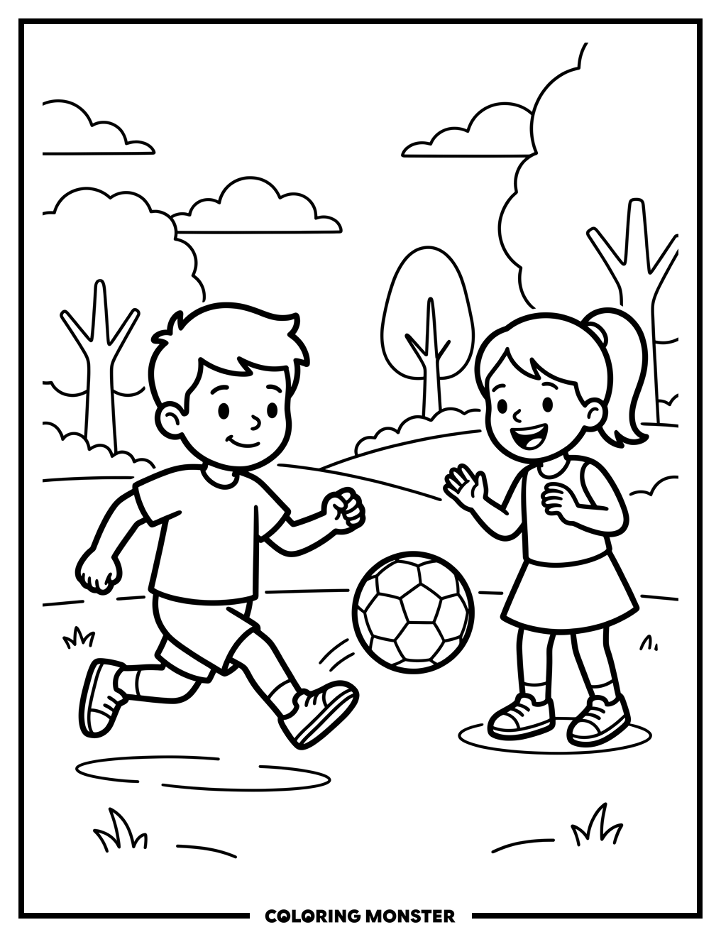 Children Play Ball in Park Coloring Page