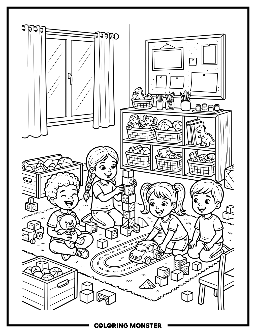 Children Play In Bright Playroom Coloring Page
