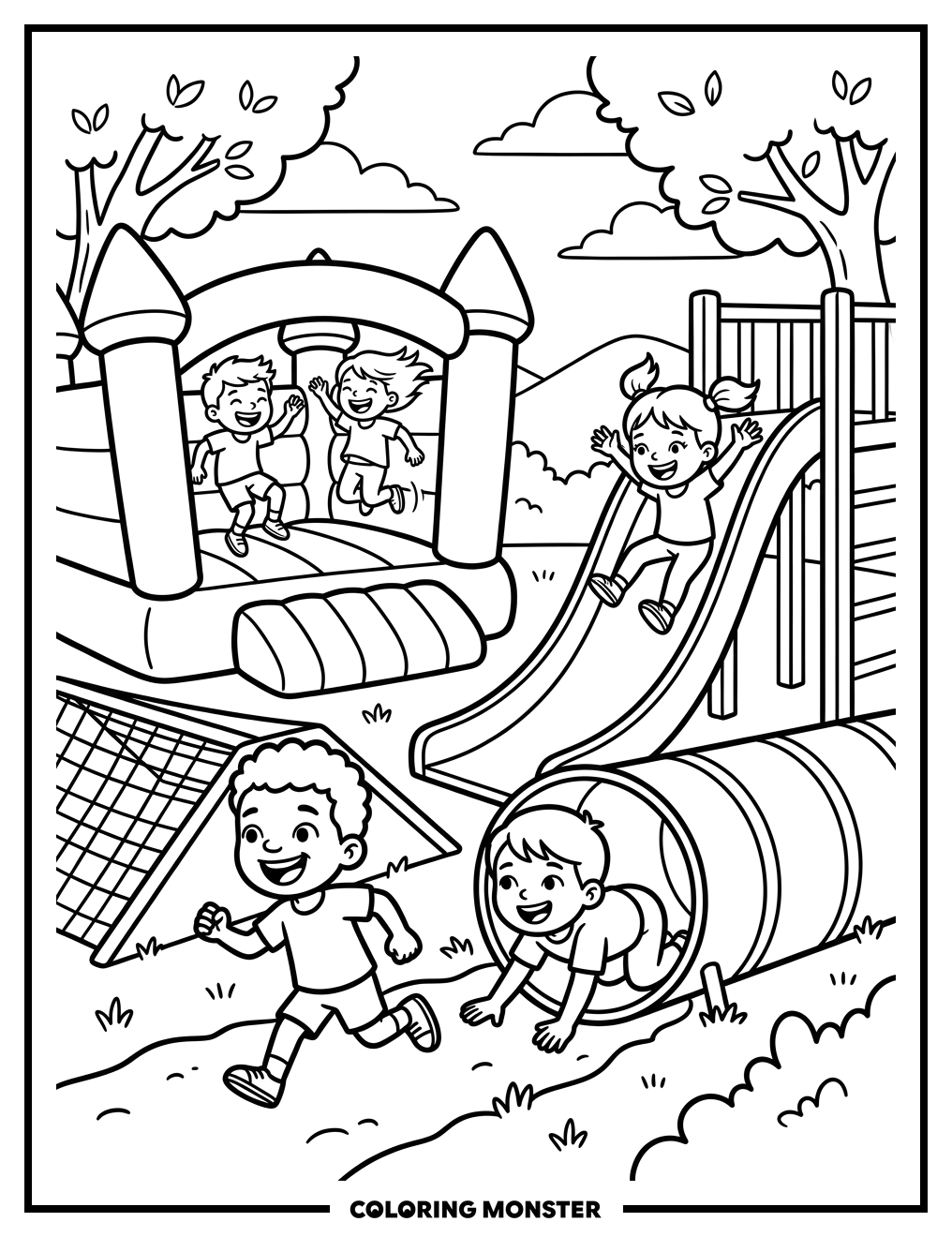Children Play On Obstacle Course Coloring Page