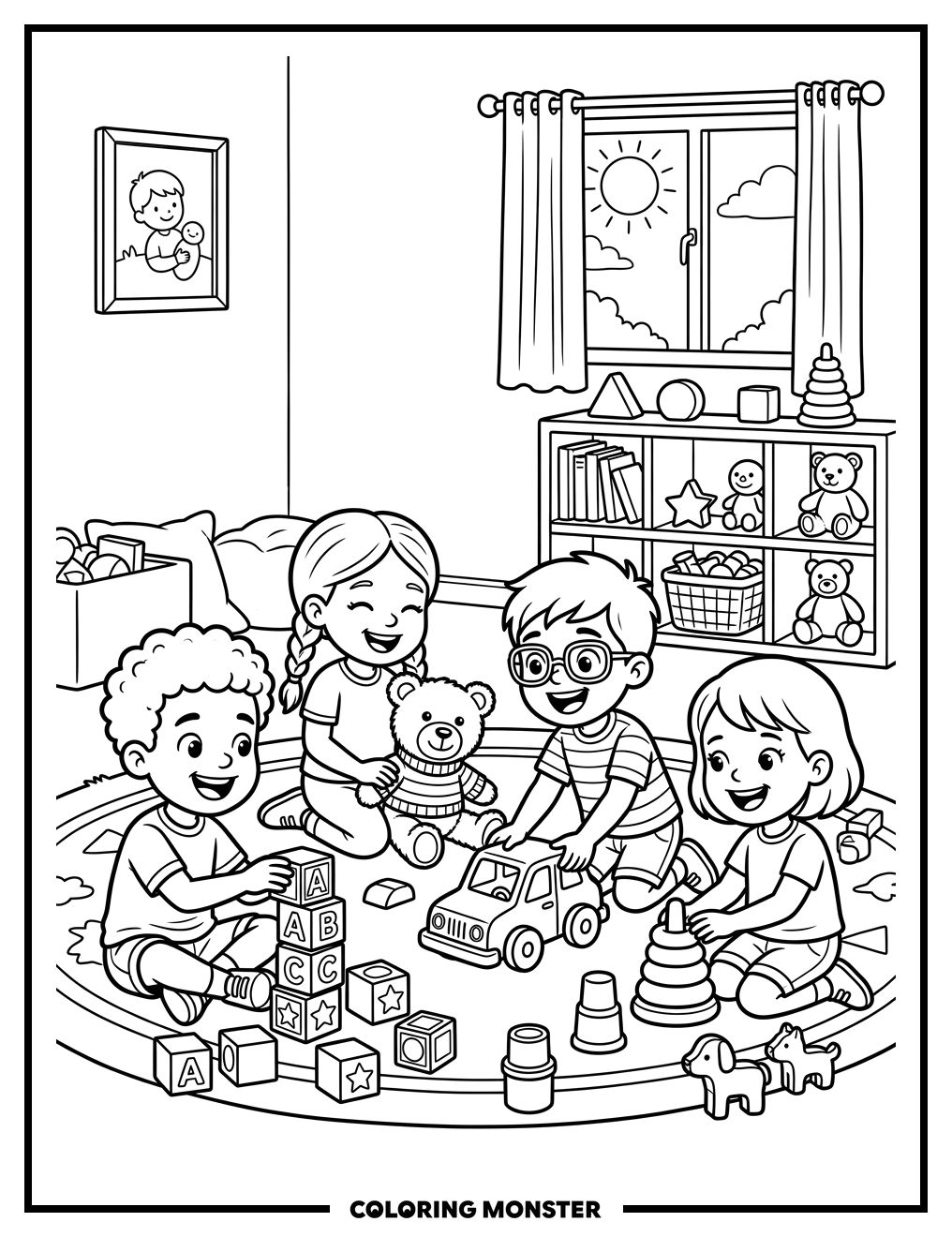 Children Play Together With Toys Coloring Page