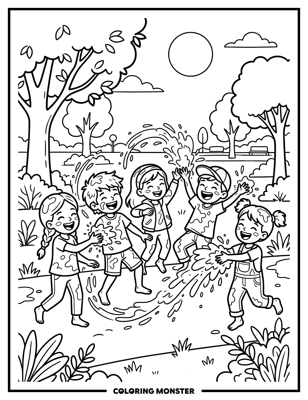 Children Play With Color Powder Coloring Page