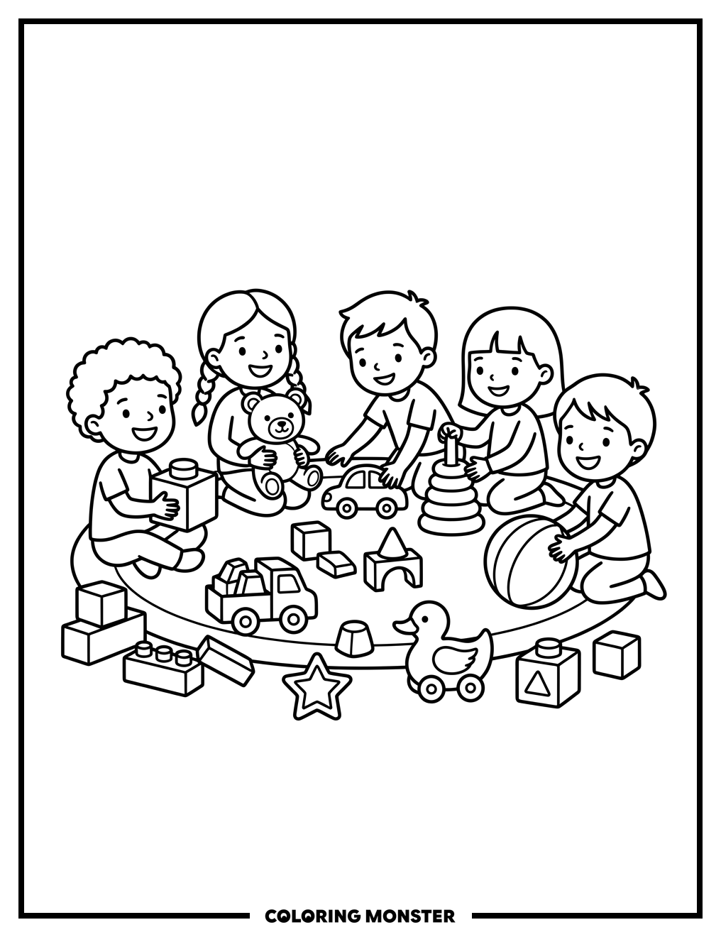 Children Play With Toys Coloring Page