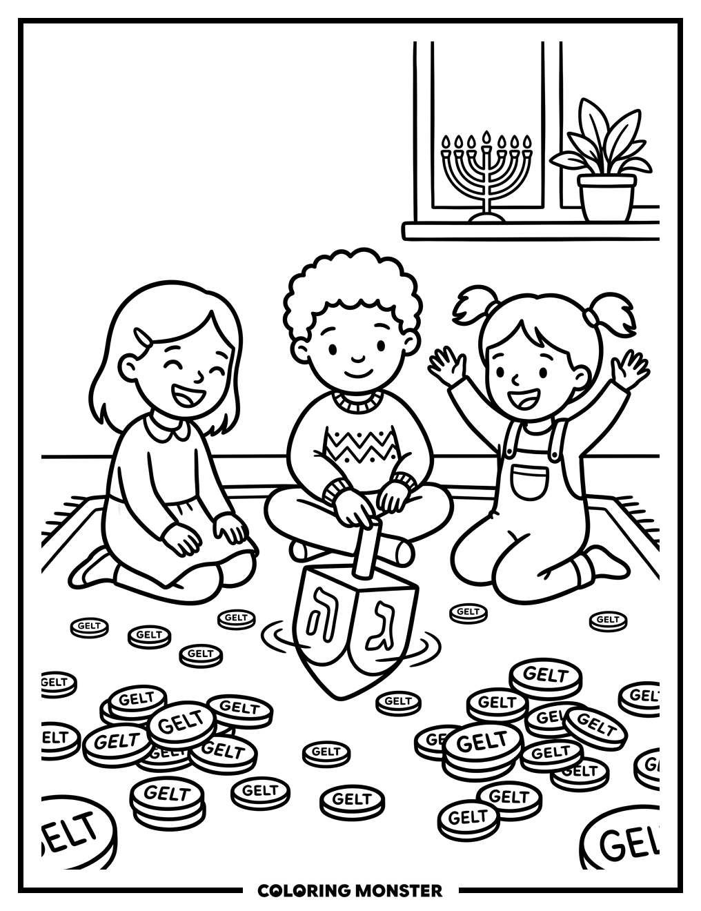Children Playing Dreidel Game Coloring Page