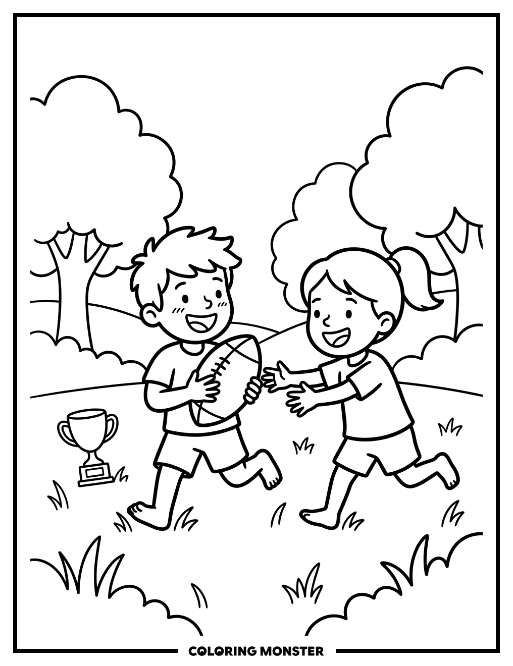 Children Playing Football with Trophy Coloring Page