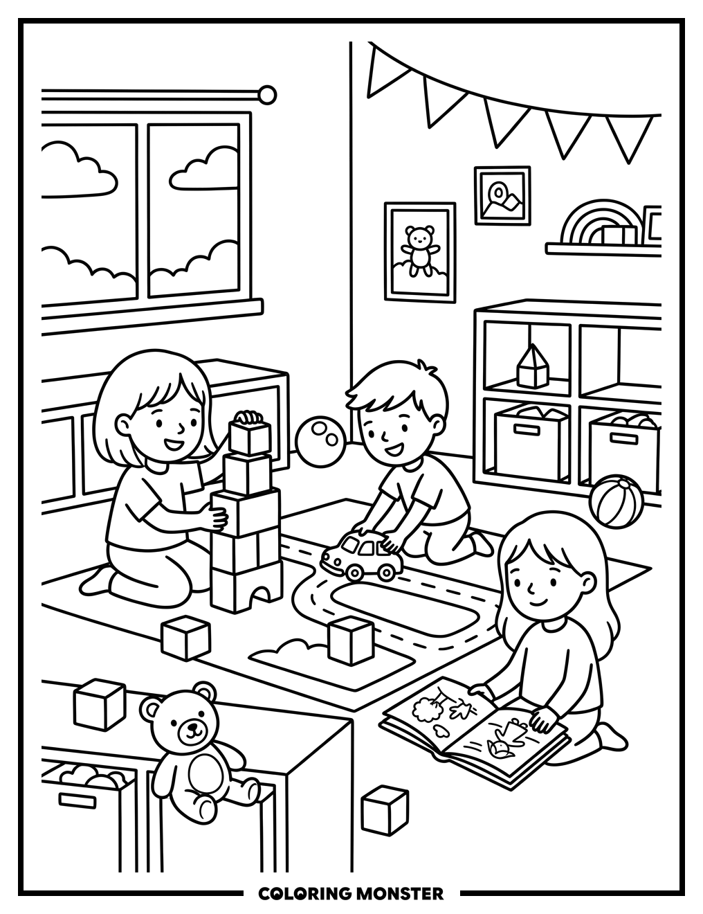 Children Playing in a Colorful Playroom Coloring Page