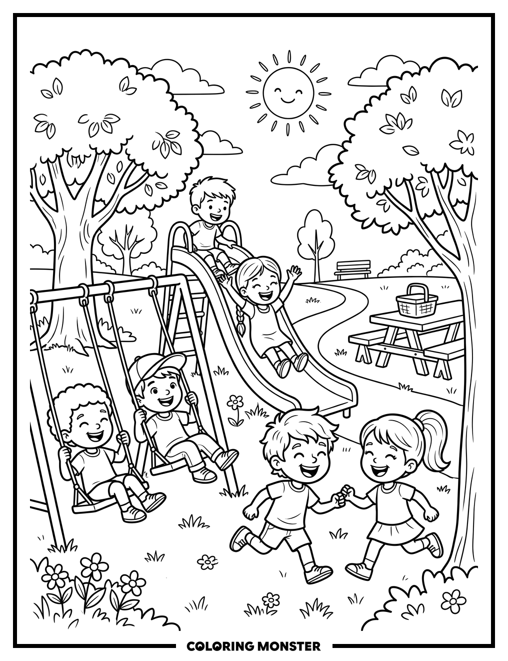 Children Playing in a Sunny Park Coloring Page