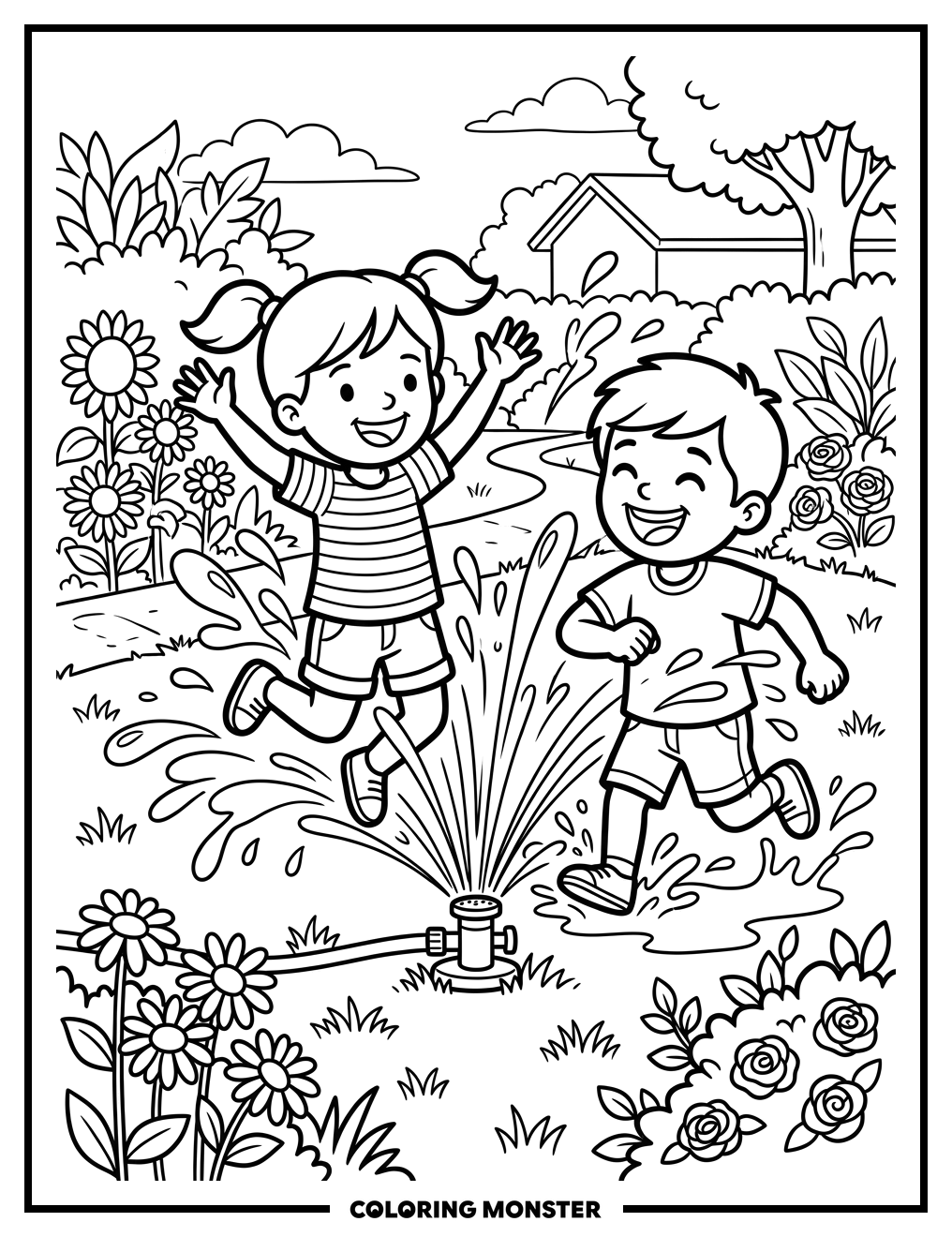 Children Playing In Garden Sprinkler Coloring Page