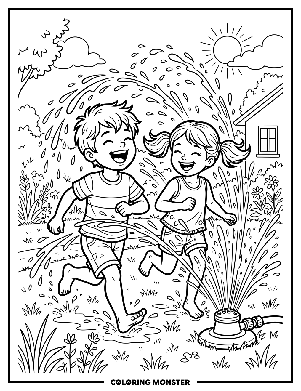 Children Playing in Sprinkler Coloring Page