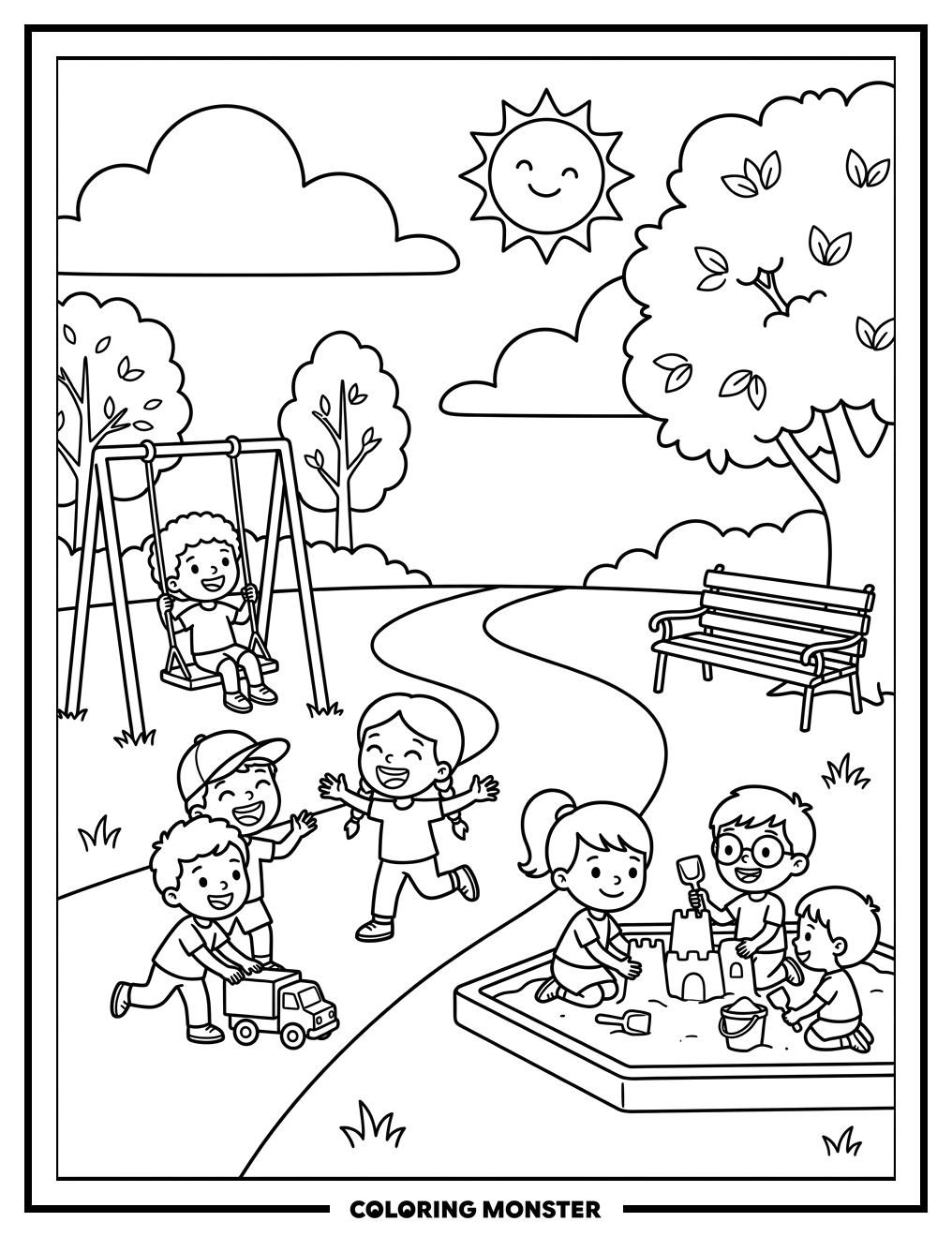 Children Playing in Sunny Park Coloring Page