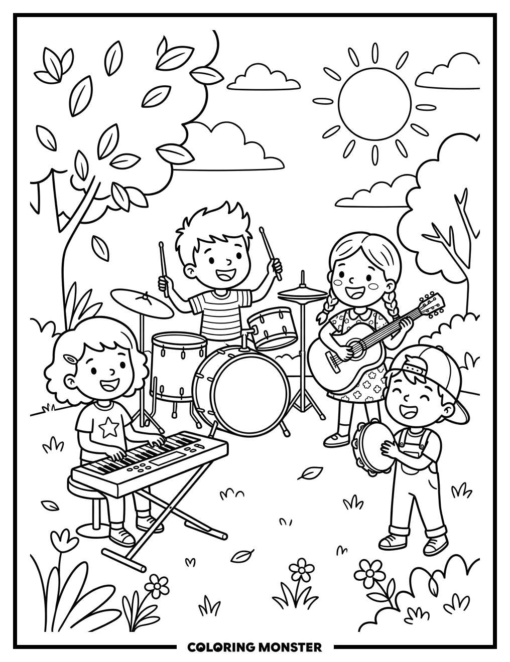 Children Playing Music in the Park Coloring Page