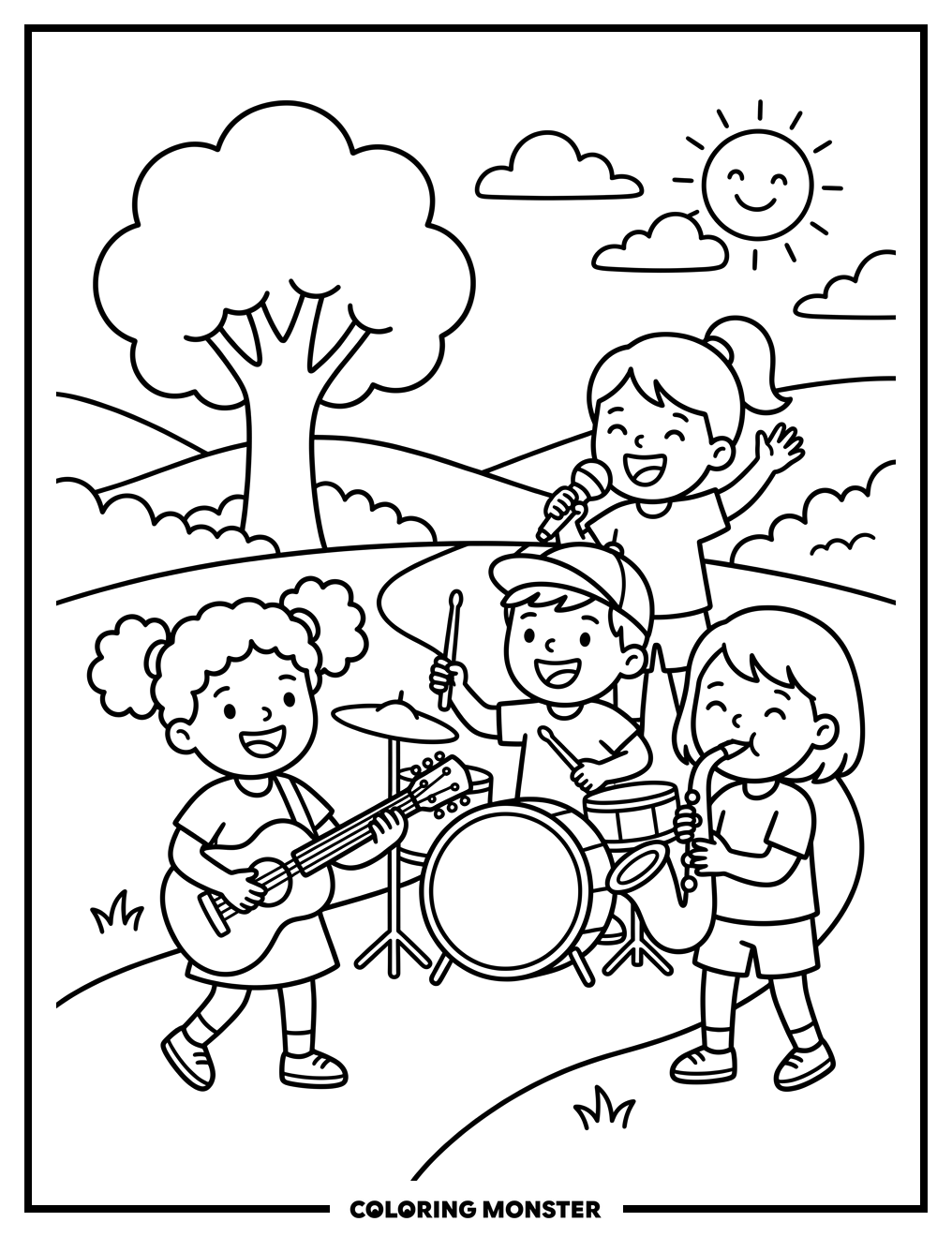 Children Playing Musical Instruments Coloring Page