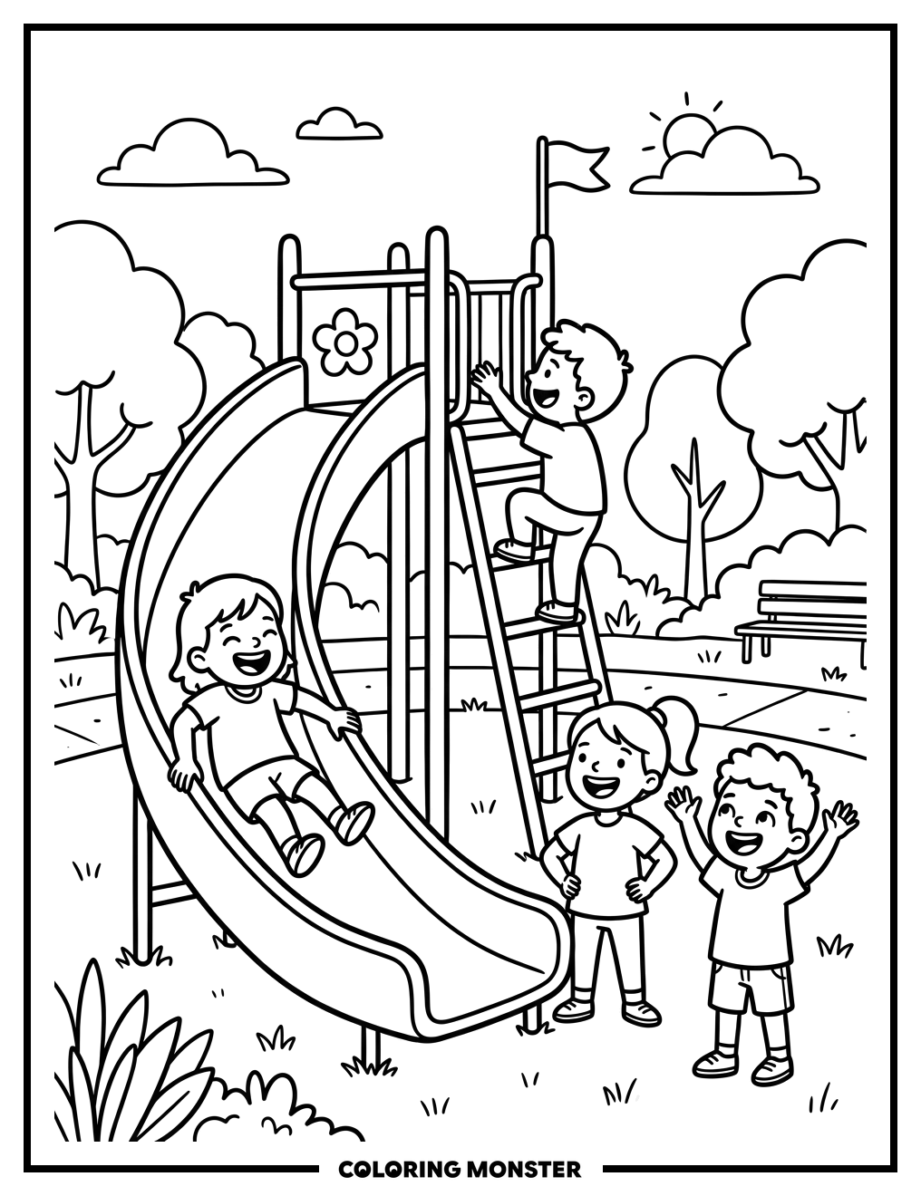 Children Playing on a Playground Slide Coloring Page