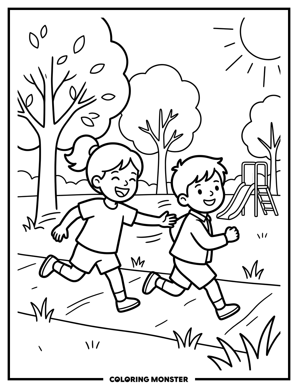 Children Playing Tag In The Park Coloring Page
