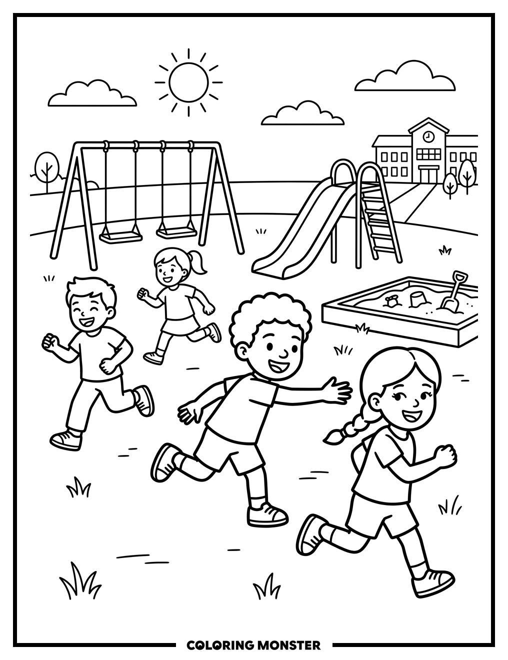 Children Playing Tag On Playground Coloring Page