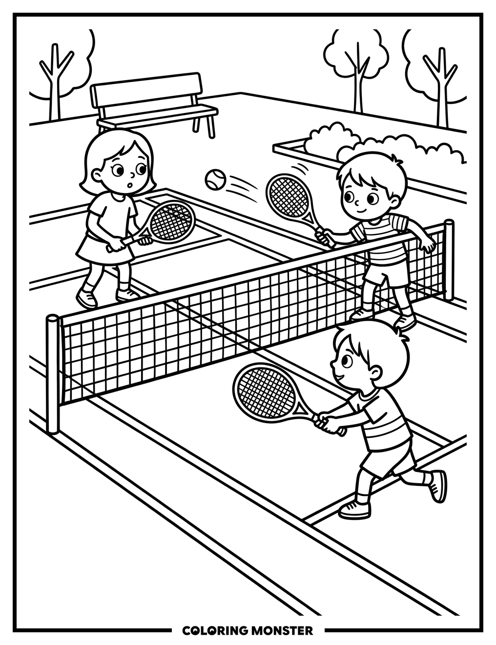 Children Playing Tennis on Court Coloring Page