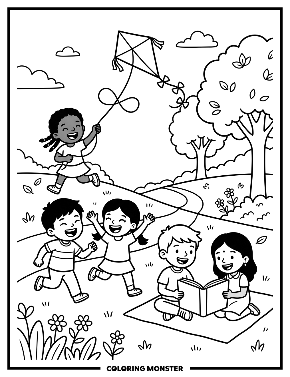 Children Playing Together In A Park Coloring Page