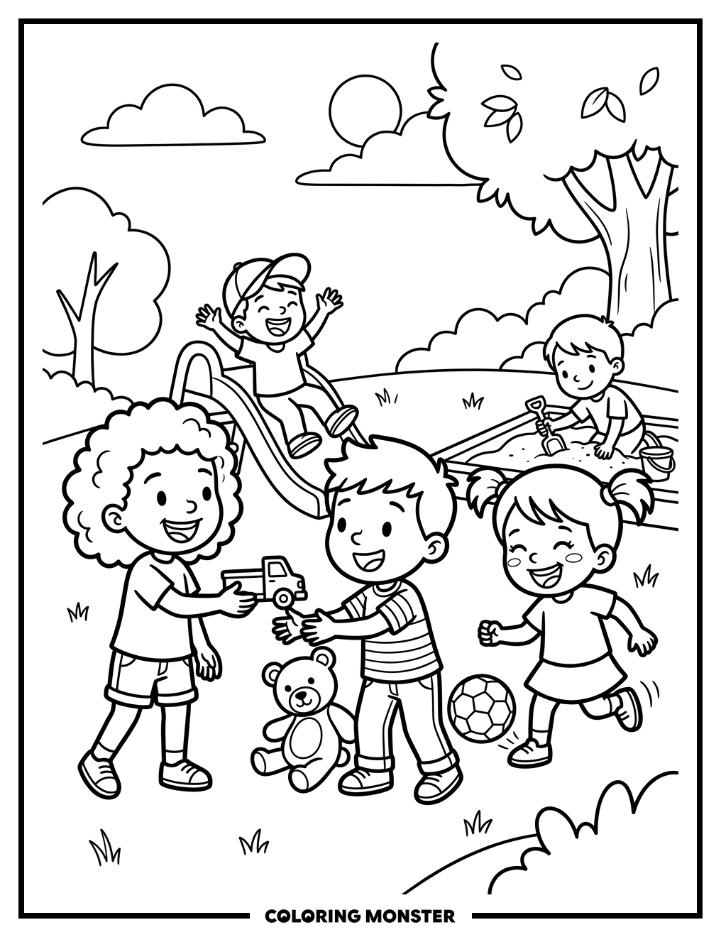 Children Playing Together In The Park Coloring Page
