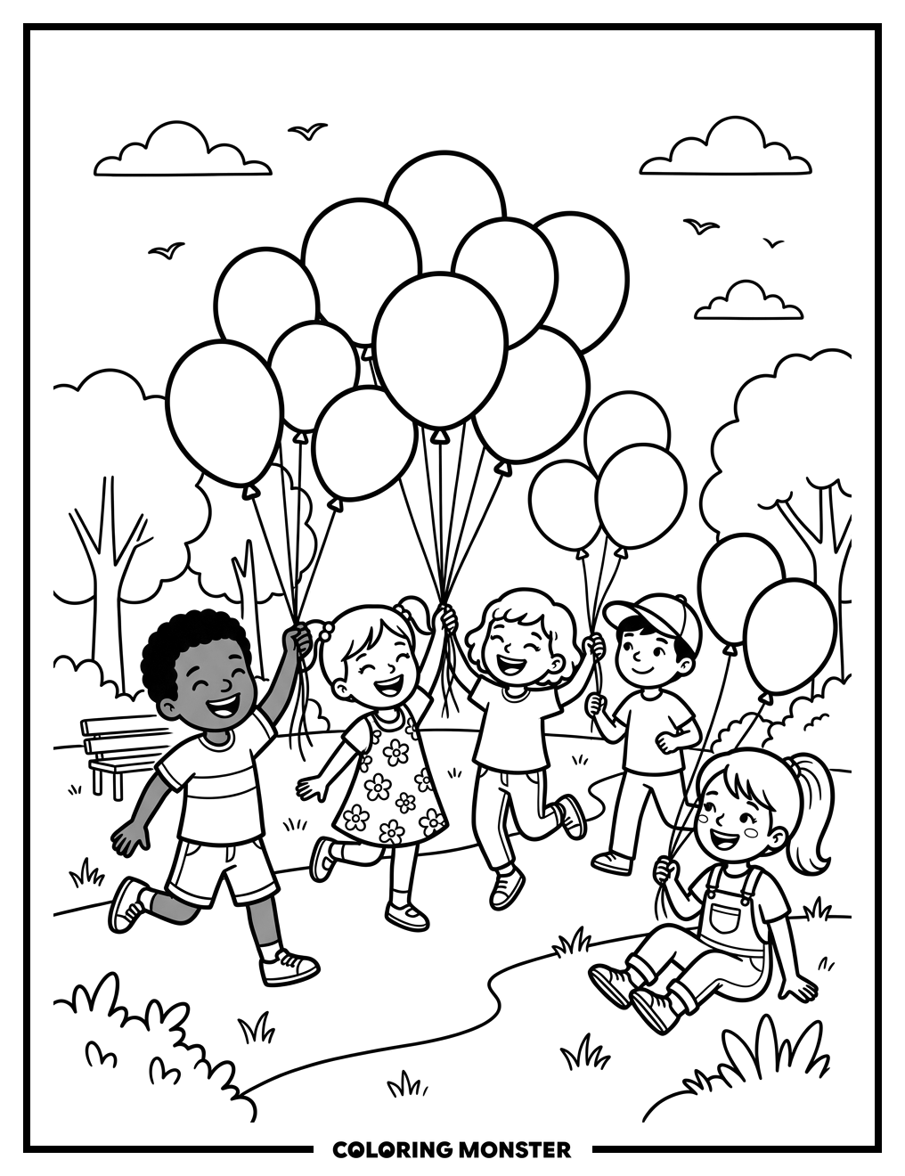 Children Playing With Balloons In A Park Coloring Page