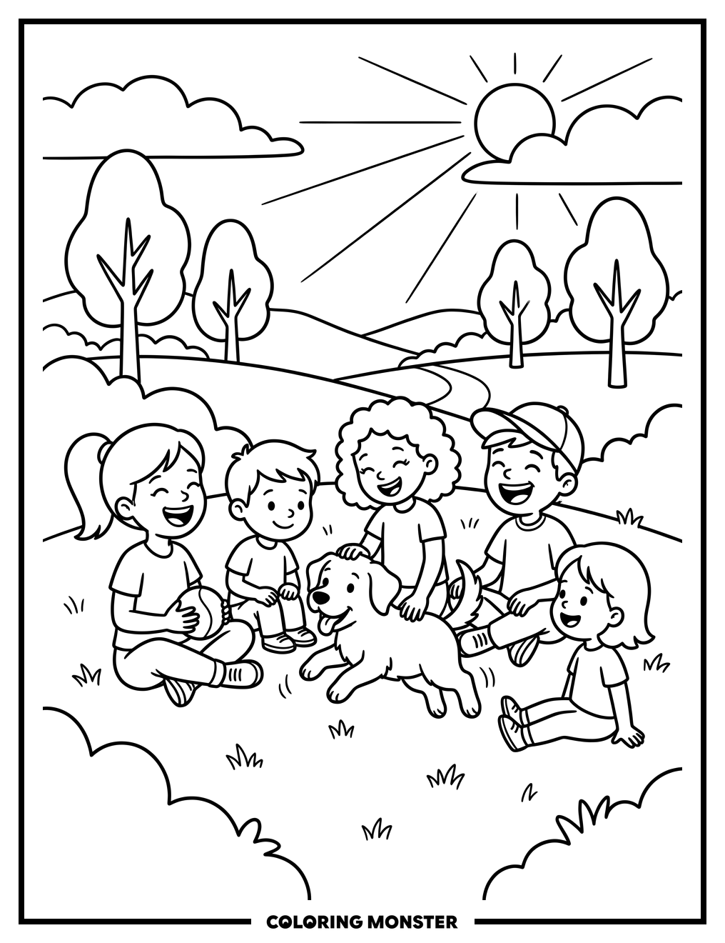 Children Playing With Puppy in Park Coloring Page