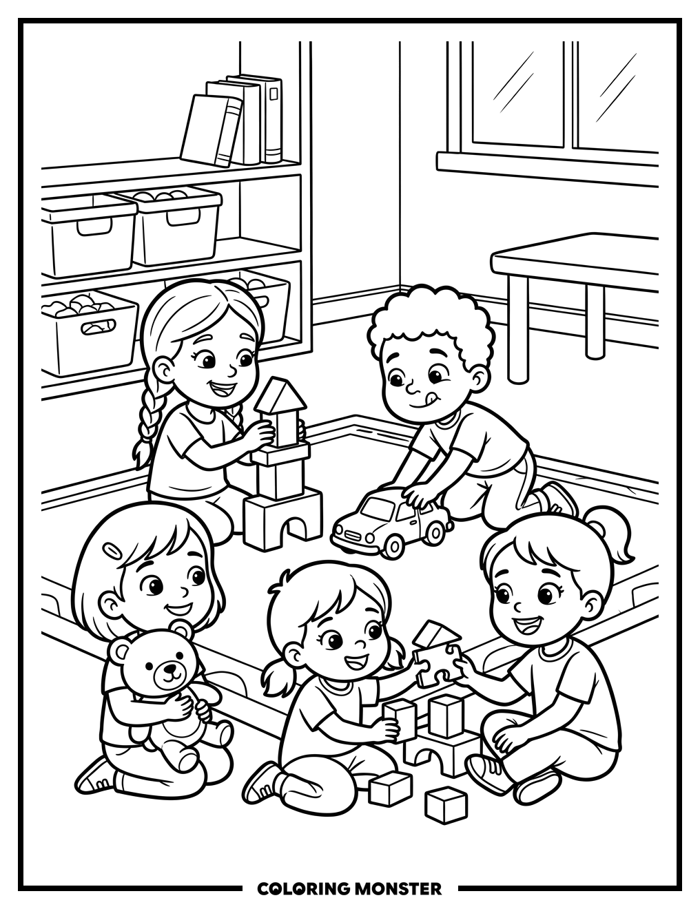 Children Playing With Toys In Playroom Coloring Page