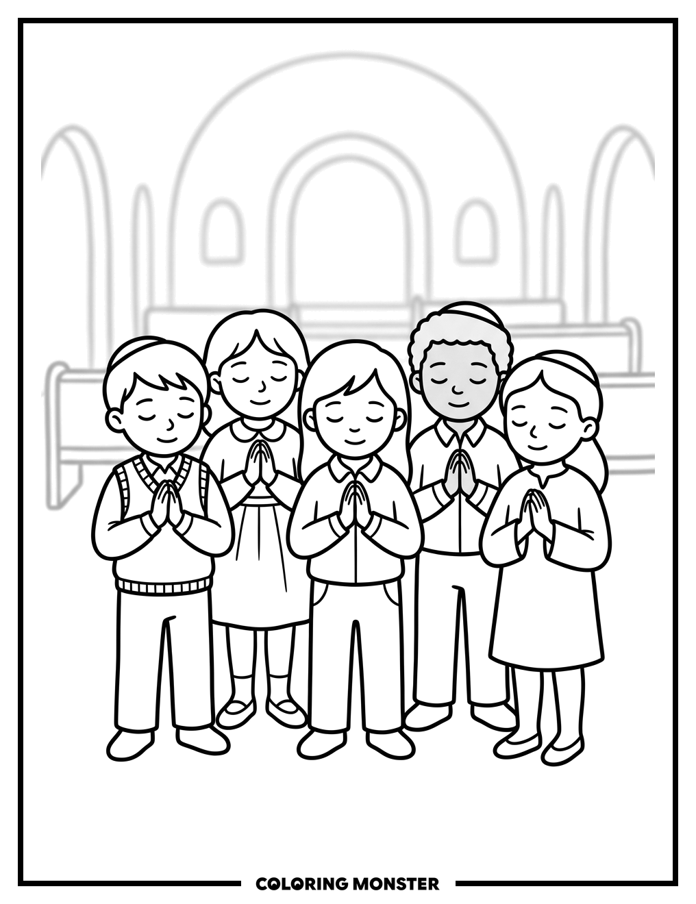 Children Praying at Synagogue Coloring Page