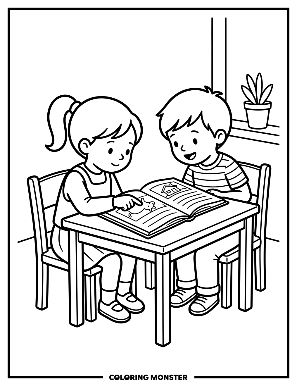 Children Reading a Book Together Coloring Page