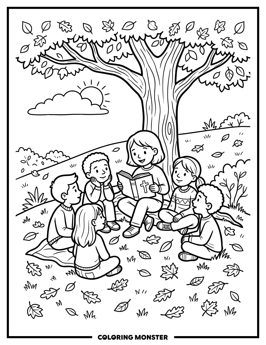 Children Reading Bible on Autumn Hill Coloring Page