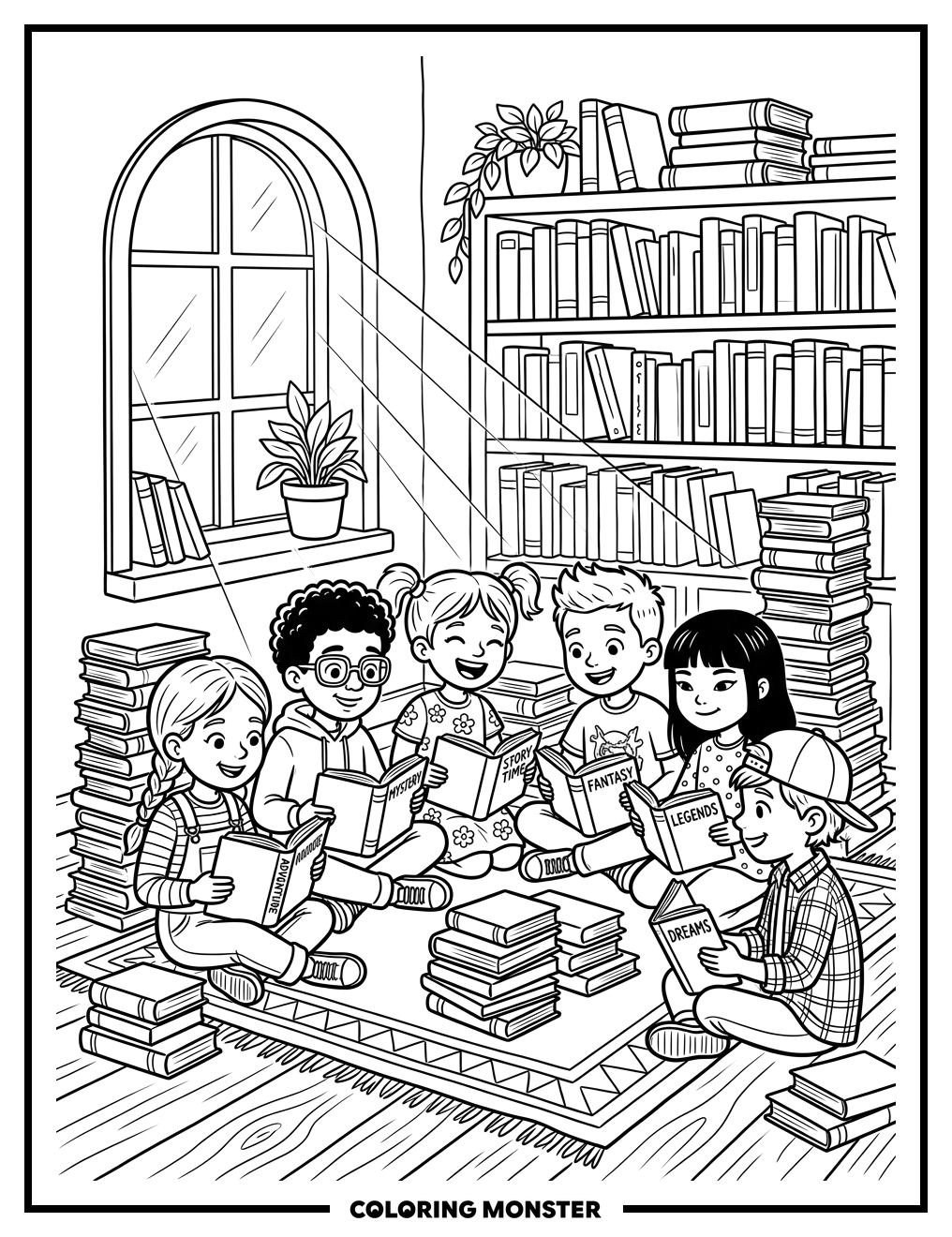 Children Reading Books by Window Coloring Page