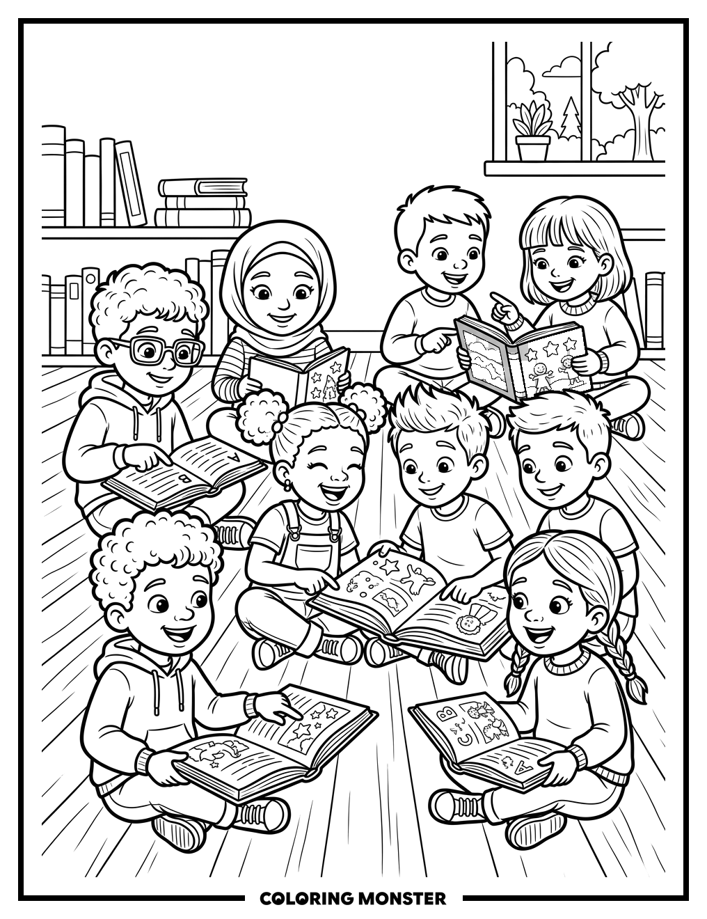 Children Reading Books Together Coloring Page